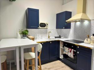 a kitchen with blue cabinets and a stove top oven at Coutellina in Thiers