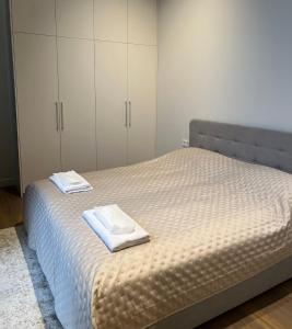 una camera da letto con un letto con due asciugamani sopra di Maironio apartamentai a Kaunas