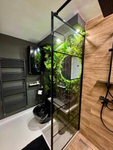 a bathroom with a glass shower with a plant at Luxury apartament40 in Craiova