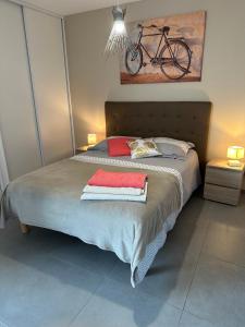 A la belle quatrième étoile في أنِسي: غرفة نوم مع سرير ودراجة على الحائط