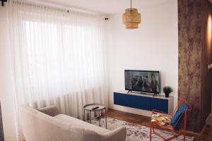 a living room with a couch and a tv at Azimut art apartman in Bijeljina
