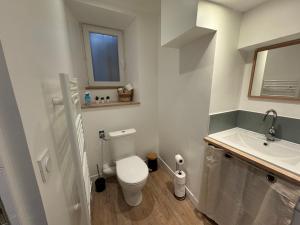 a white bathroom with a toilet and a sink at La Réserve du Château in Maintenon +5 photos
