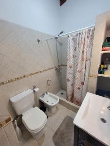 a bathroom with a toilet and a sink and a shower at Mar de fondo in Pinamar +7 photos