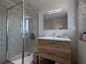 a bathroom with a sink and a shower with a mirror at Gîtes modulables entre Loire et Sologne avec jardin et barbecue - FR-1-590-528 in Saint-Firmin-sur-Loire +28 photos