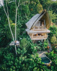 an aerial view of a tree house in the jungle at Laputa Bali in Sidemen +116 photos