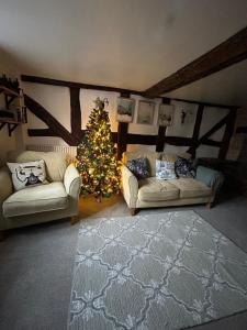 a living room with a christmas tree and two couches at Grade 2 Cottage 1 bedroom, Ludlow centre in Ludlow