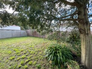 einen Hof mit einem Baum und einem Zaun in der Unterkunft La maison aux volets bleus in Pornic