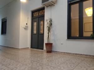 eine Topfpflanze, die vor einer Tür steht in der Unterkunft Vecchia Casa in Volos