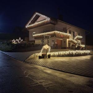 un edificio con luces de Navidad encendidas por la noche en Ferienwohnung Sonnenschein, en Ühlingen-Birkendorf