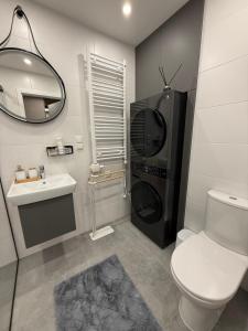a bathroom with a toilet a sink and a refrigerator at Grēdu Rezidence in Riga +34 photos