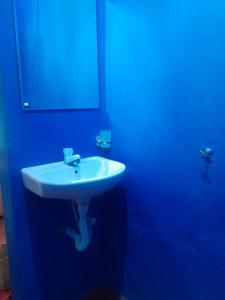 a bathroom with a white sink in a blue room at Ushongo Econostay in Wanga