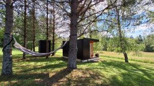 a tree house with a hammock in a forest at Sootska Leima Luha Puhketalu in Leimani