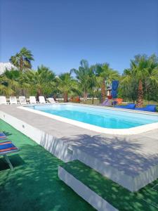 a swimming pool with chairs and palm trees at B. & B. Villa Giada in Ginosa Marina