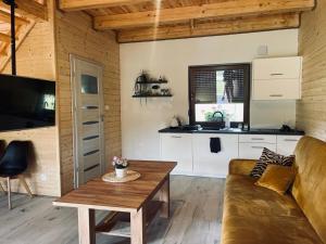 a living room with a couch and a table at Domki Wieleń in Wielen Zaobrzanski