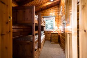a room with bunk beds in a log cabin at Thistledonia in Trawsfynydd