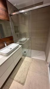 a bathroom with a glass shower and a sink at River View apartment in Chaves