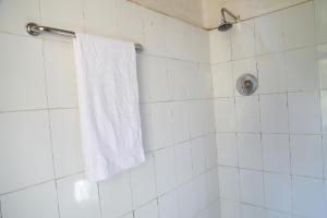 a white tiled shower with a towel hanging on a rack at Best Lalibela Home Stay in Lalībela +48 photos
