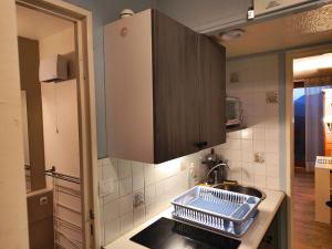 a kitchen with a sink and a dish drying rack at Résidence Au Petit Chamois in Le Corbier