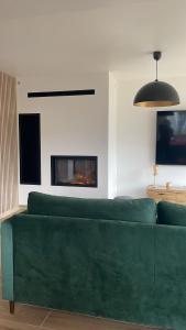 a green couch in a living room with a fireplace at La Villa Sénéchal in Guérande