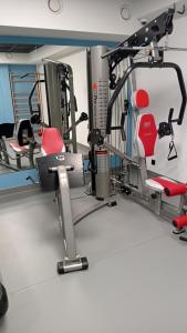 Un gimnasio con equipo cardiovascular en una habitación. en Apartament Pieniny Stylchyn 90 nad jeziorem przy ścieżce Velo Czorsztyn, en Kluszkowce