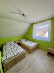 twee bedden in een kamer met groene muren en een raam bij Domki Letniskowe Konik 3 in Radków