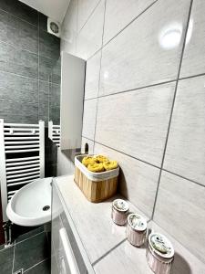 a bathroom with a sink and a bowl of food on a counter at Luxury apartment Ema in Donje Mladice +24 photos