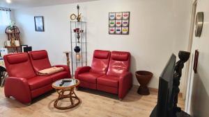 a living room with two red chairs and a tv at Le refuge d'Albi - Charmant T3 lumineux et tout équipé in Albi +3 photos