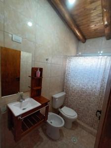 a bathroom with a sink and a toilet and a mirror at Cabañas Jugueze San Rafael in San Rafael