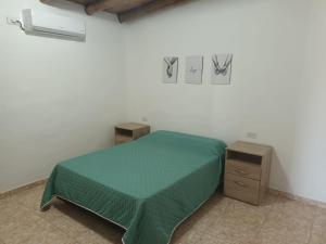 a bedroom with a green bed and two night stands at Cabañas Jugueze San Rafael in San Rafael
