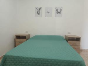a bedroom with a green bed with two wooden cabinets at Cabañas Jugueze San Rafael in San Rafael +10 photos