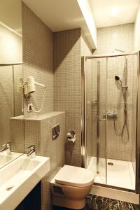 y baño con ducha, aseo y lavamanos. en Hotel Nevsky 74, en San Petersburgo