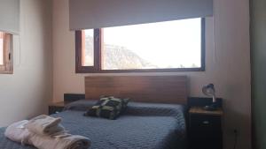a bedroom with a bed with a pillow and a window at Ipay Alojamiento Familiar in Purmamarca