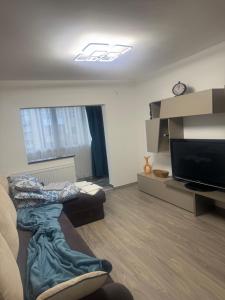 a living room with a couch and a flat screen tv at TwinsHause in Craiova