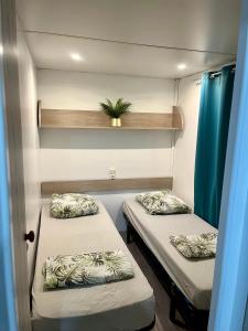 a small room with two beds and a potted plant at terrain avec Mobil-Home in Sommières