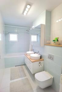 ein Badezimmer mit Toilette, Waschbecken und Badewanne in der Unterkunft Exclusive Apartment SIBIU in Sibiu + 48 Fotos