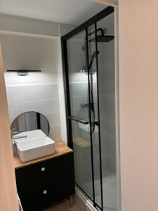 a bathroom with a sink and a glass shower at Studio Tezoto in Briançon