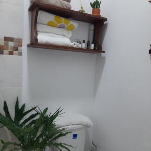 a bathroom with a shelf above a toilet with towels at Casa Alto Bonito in Quimbaya