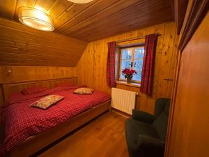 a bedroom with a red bed and a window at Chalupa Luisko in Deštné v Orlických horách