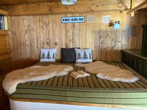 a bed in a wooden room with two large pillows at Chalupa Luisko in Deštné v Orlických horách +63 photos