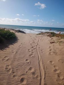 a beach with footprints in the sand and the ocean at Tiny House en El Marquesado Playas del Sur de Mar del Plata in San Eduardo del Mar