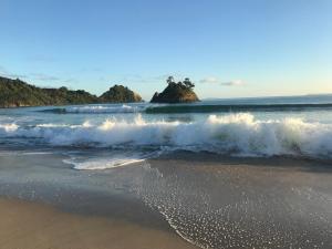 a beach with waves and a rock in the ocean at Whangapoua Paradise in Whangapoua +6 photos