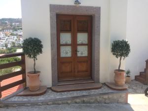 a wooden door with two potted plants in front of a building at Mistral-Patmos in Patmos
