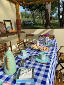 a table with a blue and white checkered table cloth at Nest 1 in Delfinópolis