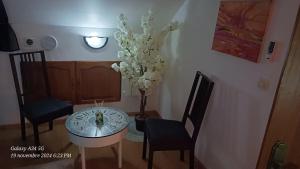 ein Tisch mit zwei Stühlen und eine Vase mit weißen Blumen in der Unterkunft Chez Maurizio in Villemanoche + 14 Fotos