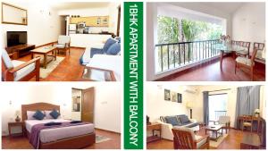 two pictures of a bedroom and a living room at Susegad Suites Arpora Apartments & Villas with Reserved Parking in Arpora