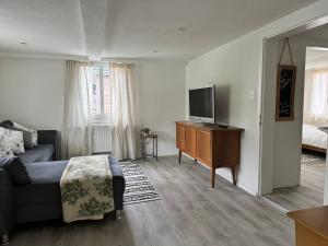 a bedroom with a bed and a television on a dresser at Bijou Lungern in Lungern