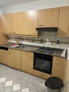 a kitchen with wooden cabinets and a stove top oven at Fernando in La Chaux-de-Fonds