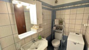 a bathroom with a sink and a toilet and a mirror at Cozy Home near the Mill of Elves in Tríkala +15 photos