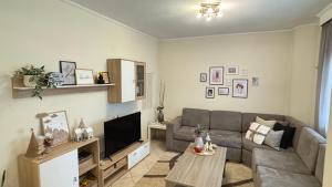 a living room with a couch and a television at Cozy Home near the Mill of Elves in Tríkala