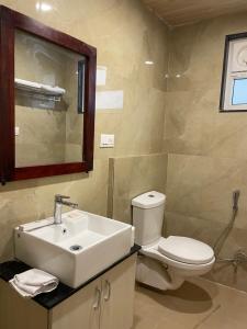 un bagno con lavandino, WC e specchio di Vrindavan Greens Resort a Udaipur